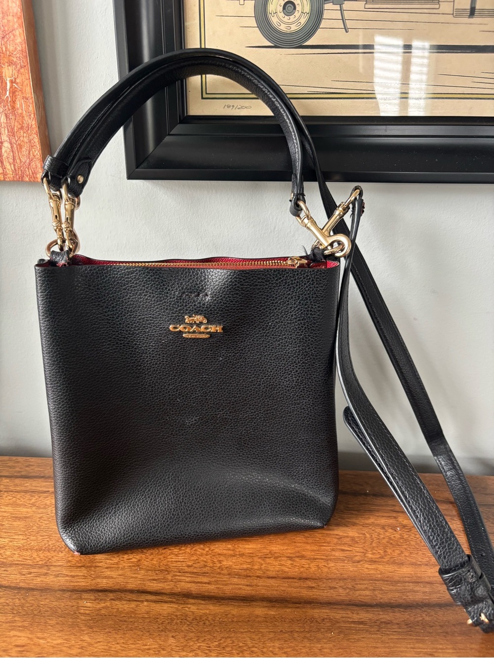 Coach Small Town Bucket Bag Black Pebble Leather Red Interior Crossbody flaws